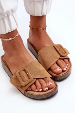 Klapki Damskie Z Klamrą Eko Zamszowe Camel Laeltia