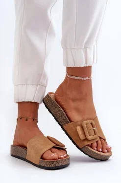 Klapki Damskie Z Klamrą Eko Zamszowe Camel Laeltia