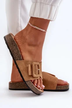 Klapki Damskie Z Klamrą Eko Zamszowe Camel Laeltia