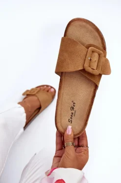 Klapki Damskie Z Klamrą Eko Zamszowe Camel Laeltia