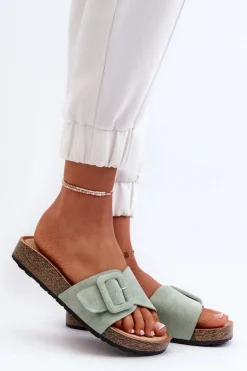 Klapki Damskie Z Klamrą Eko Zamszowe Miętowe Laeltia