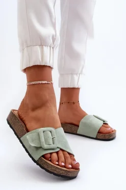 Klapki Damskie Z Klamrą Eko Zamszowe Miętowe Laeltia