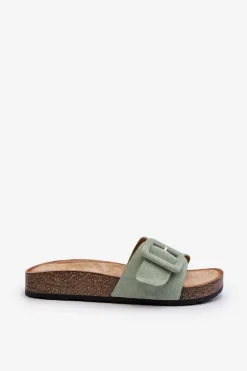 Klapki Damskie Z Klamrą Eko Zamszowe Miętowe Laeltia