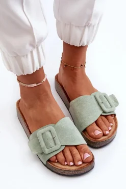 Klapki Damskie Z Klamrą Eko Zamszowe Miętowe Laeltia