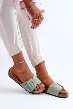 Klapki Damskie Z Klamrą Eko Zamszowe Miętowe Laeltia