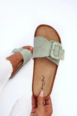 Klapki Damskie Z Klamrą Eko Zamszowe Miętowe Laeltia