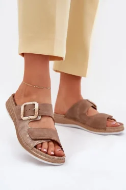 Klapki Damskie Z Klamrą I Rzepem INBLU MK000013 Brązowe