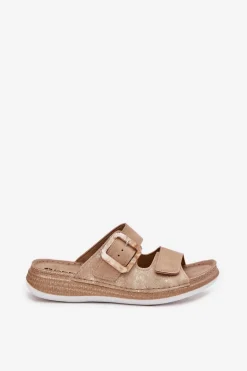 Klapki Damskie Z Klamrą I Rzepem INBLU MK000013 Beżowe