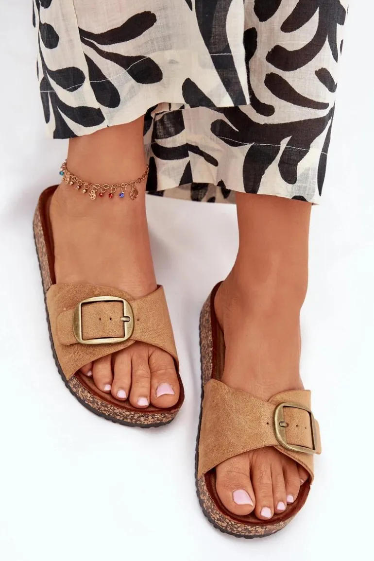 Klapki Damskie Z Klamrą Na Korkowej Platformie Camel Zavira