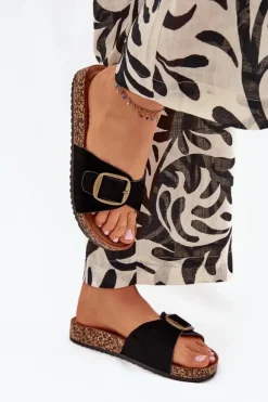 Klapki Damskie Z Klamrą Na Korkowej Platformie Czarne Zavira