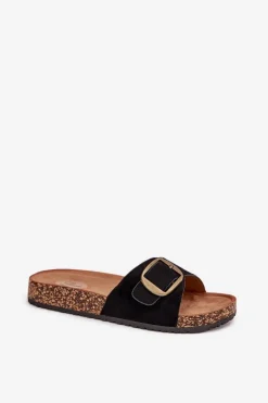 Klapki Damskie Z Klamrą Na Korkowej Platformie Czarne Zavira