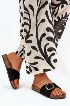 Klapki Damskie Z Klamrą Na Korkowej Platformie Czarne Zavira