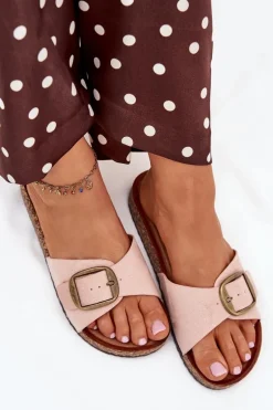 Klapki Damskie Z Klamrą Na Korkowej Platformie Różowe Zavira