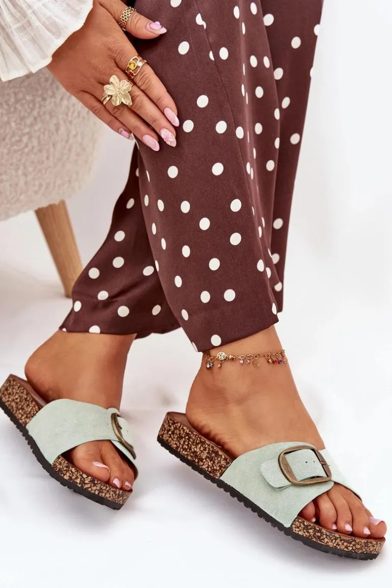 Klapki Damskie Z Klamrą Na Korkowej Platformie Miętowe Zavira