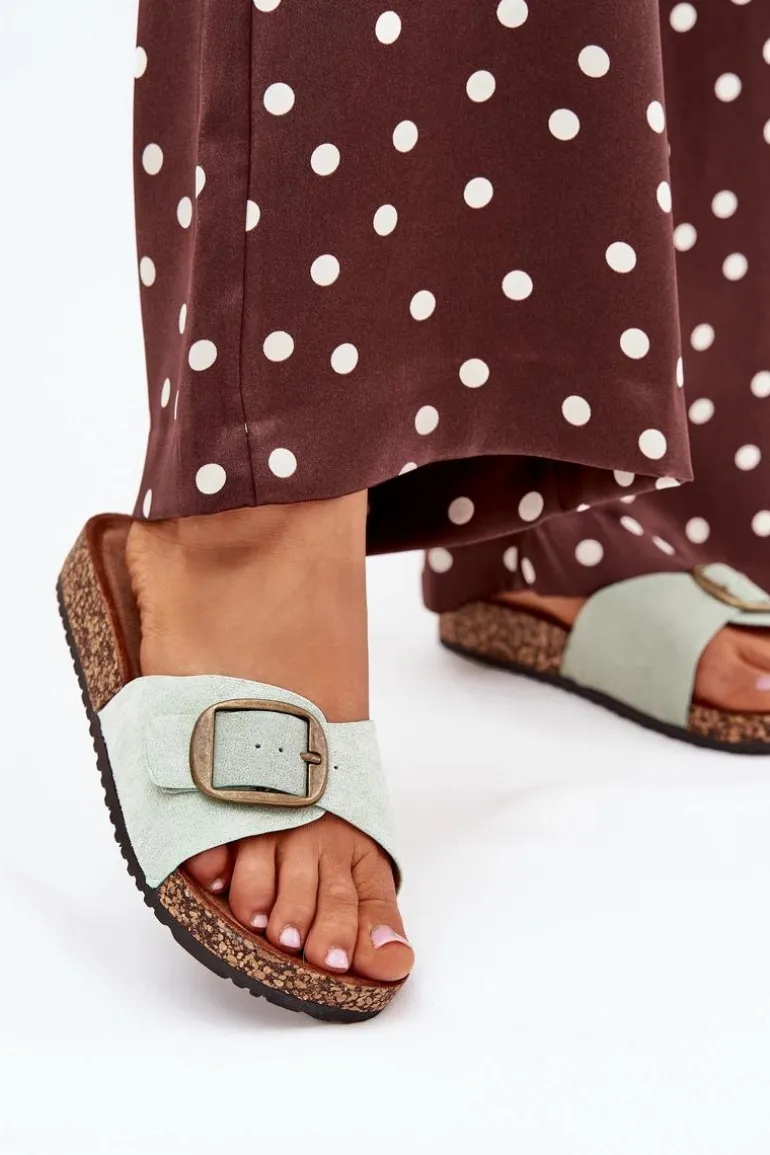 Klapki Damskie Z Klamrą Na Korkowej Platformie Miętowe Zavira