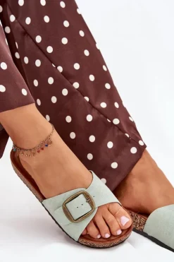 Klapki Damskie Z Klamrą Na Korkowej Platformie Miętowe Zavira