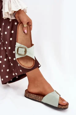 Klapki Damskie Z Klamrą Na Korkowej Platformie Miętowe Zavira