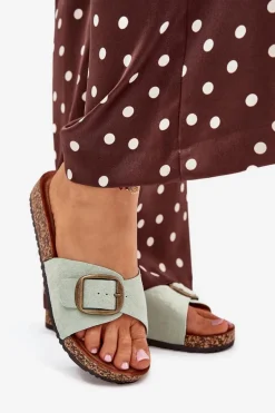 Klapki Damskie Z Klamrą Na Korkowej Platformie Miętowe Zavira