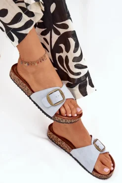 Klapki Damskie Z Klamrą Na Korkowej Platformie Niebieskie Zavira