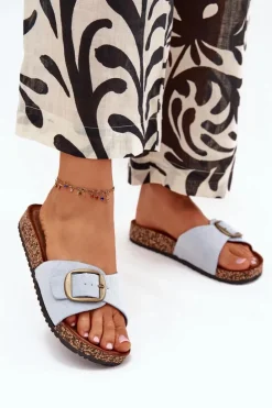 Klapki Damskie Z Klamrą Na Korkowej Platformie Niebieskie Zavira