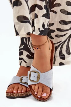 Klapki Damskie Z Klamrą Na Korkowej Platformie Niebieskie Zavira