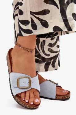 Klapki Damskie Z Klamrą Na Korkowej Platformie Niebieskie Zavira