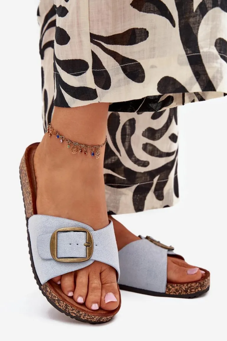 Klapki Damskie Z Klamrą Na Korkowej Platformie Niebieskie Zavira