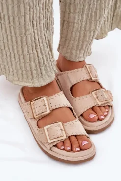 Klapki Damskie Z Klamrami I Ozdobnym Obszyciem Beżowe Visley