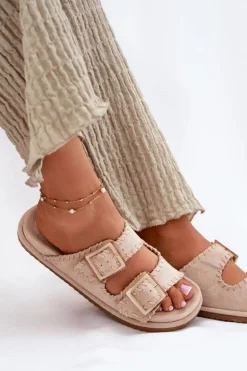 Klapki Damskie Z Klamrami I Ozdobnym Obszyciem Beżowe Visley