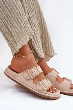 Klapki Damskie Z Klamrami I Ozdobnym Obszyciem Beżowe Visley