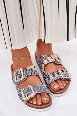 Klapki Damskie Z Klamrami I Brokatem S.Barski RB51-006 Beżowe