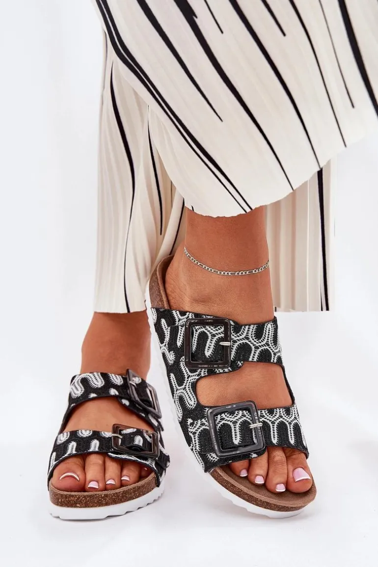 Klapki Damskie Z Klamrami I Brokatem S.Barski RB51-006 Czarne