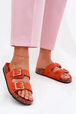 Klapki Damskie Z Klamrami Na Korkowej Podeszwie Pomarańczowe Sercele
