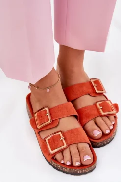 Klapki Damskie Z Klamrami Na Korkowej Podeszwie Pomarańczowe Sercele
