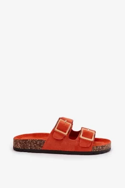 Klapki Damskie Z Klamrami Na Korkowej Podeszwie Pomarańczowe Sercele