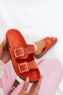 Klapki Damskie Z Klamrami Na Korkowej Podeszwie Pomarańczowe Sercele