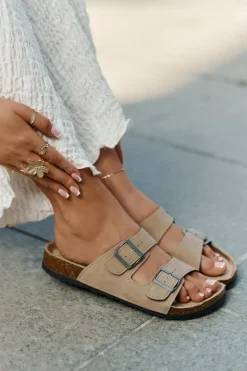 Klapki Damskie Z Klamrami Na Korkowej Platformie Beżowe Galurena