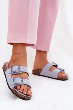 Klapki Damskie Z Klamrami Na Korkowej Podeszwie Niebieskie Sercele