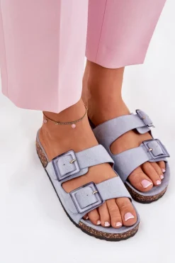 Klapki Damskie Z Klamrami Na Korkowej Podeszwie Niebieskie Sercele