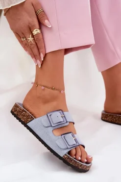 Klapki Damskie Z Klamrami Na Korkowej Podeszwie Niebieskie Sercele