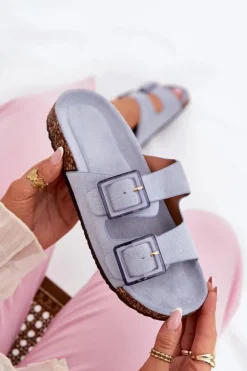 Klapki Damskie Z Klamrami Na Korkowej Podeszwie Niebieskie Sercele