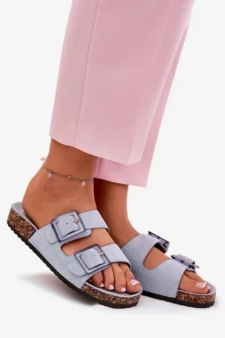 Klapki Damskie Z Klamrami Na Korkowej Podeszwie Niebieskie Sercele