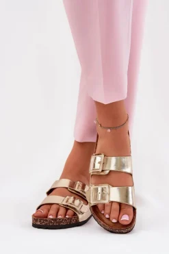 Klapki Damskie Z Klamrami Na Korkowej Podeszwie Złote Sercele