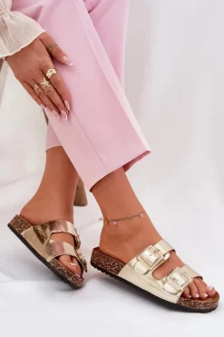 Klapki Damskie Z Klamrami Na Korkowej Podeszwie Złote Sercele