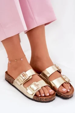 Klapki Damskie Z Klamrami Na Korkowej Podeszwie Złote Sercele