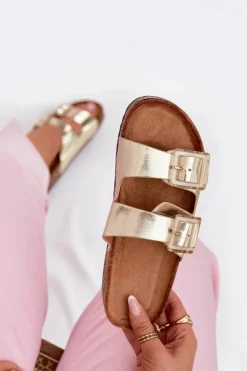 Klapki Damskie Z Klamrami Na Korkowej Podeszwie Złote Sercele