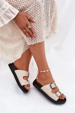 Klapki Damskie Z Klamrami Na Platformie Beżowe Elamas