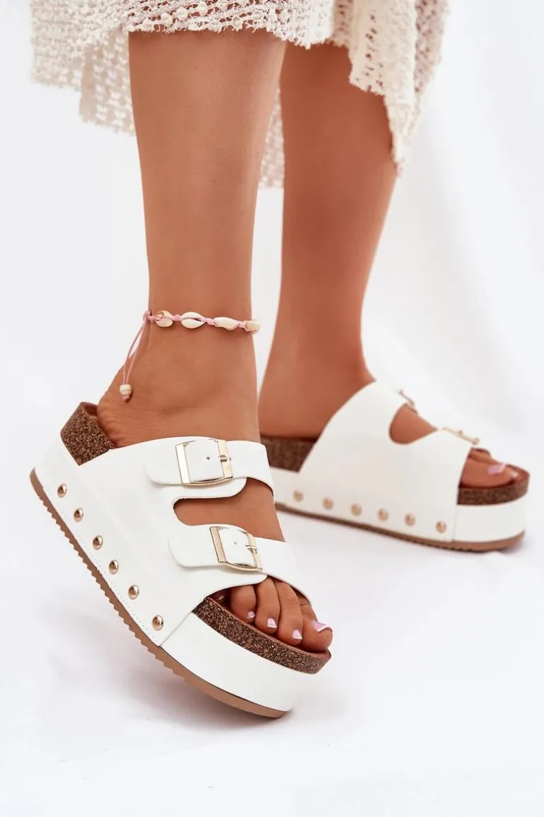 Klapki Damskie Z Klamrami Na Masywnej Platformie Białe Odisene