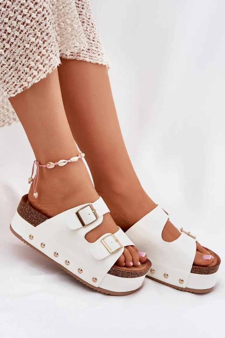 Klapki Damskie Z Klamrami Na Masywnej Platformie Białe Odisene