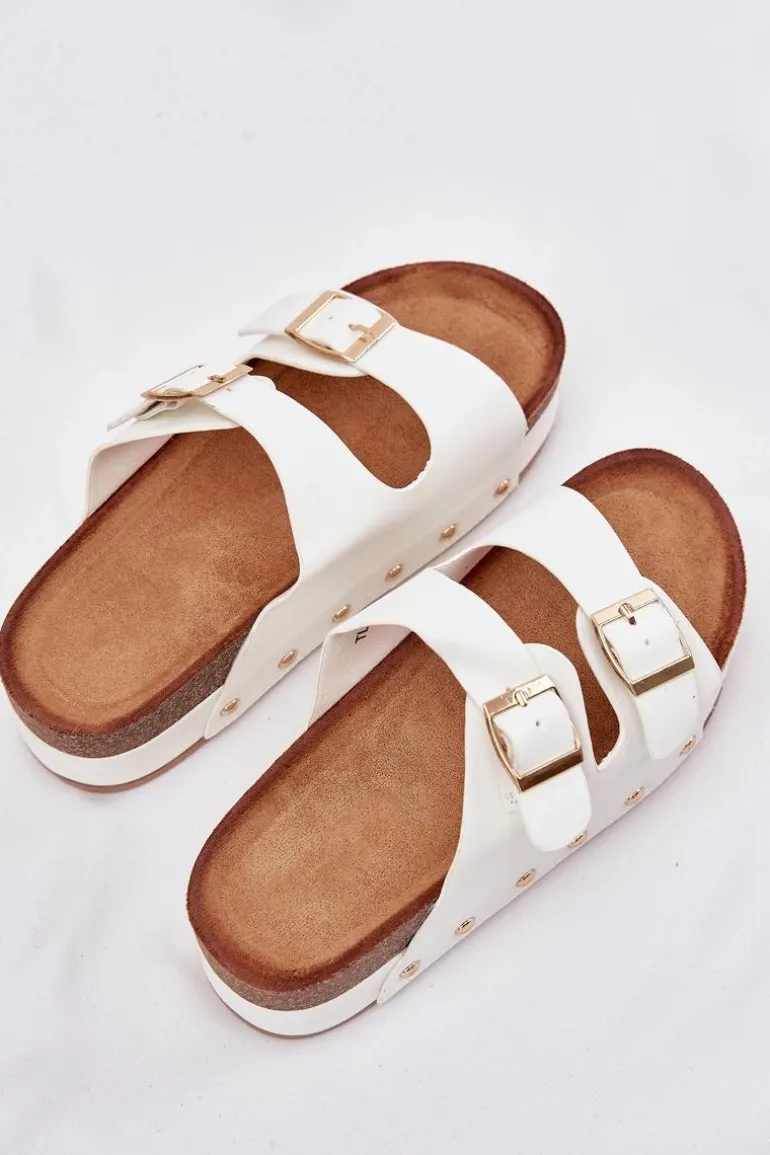 Klapki Damskie Z Klamrami Na Masywnej Platformie Białe Odisene